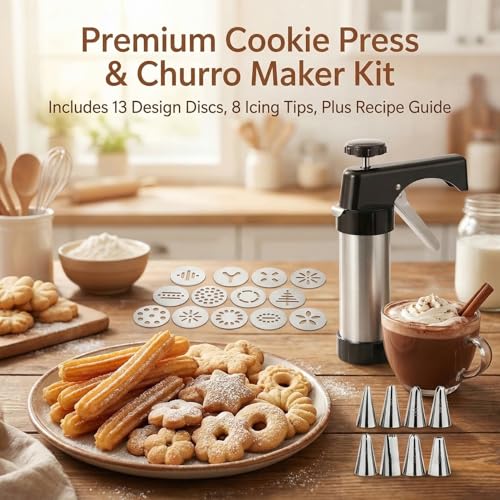 Cookie Press Kit, Stainless Steel Cookie Gun with 13 Discs & 8 Nozzles, Effortless Cookie Maker and Frosting Decorating Tool for Bakers