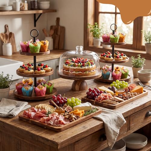 Arttown Acacia Wood Cake Stand with Lid Dessert Table Display Set of 5
