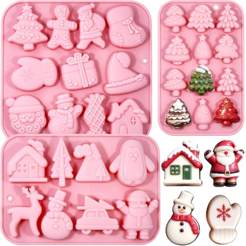 3 Pack Christmas Silicone Baking Mold, Christmas Tree Holiday Silicone Molds Soap Candy Molds for Chocolate Jello Snowman Gingerbread Snowflakes Socks Bells Santa Baking Mold (Xmas-Pink) - color: Xmas-Pink