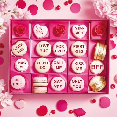 40pcs Conversation Hearts Cookie Stencils or Letter Happy Valentines Day Stencils for Cookies, Baking Decor with Heart Love Phrase Sign Crafts Painting Stencil Reusable (40 Hert)