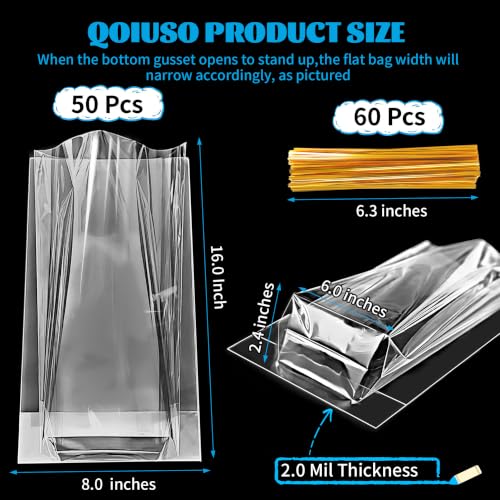 QOIUSO 8"x16" Cellophane Gift Bags - 50 Pack Clear Gift Bags with Flat Bottom Gusset for Wine Bottles, Treats, Candy, Bakery, Tall Gifts, Party Favors - 60 Gold Twist Ties - color: 8*16 Inch-50Pcs
