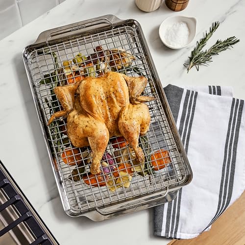 All-Clad Stainless Steel Half-Sheet Baking Pan 13" x 21" with Cooling Rack - Tri-ply Bonded for Consistent Baking- (Roast, Bake Cookies, Brownies and More) Professional Stainless Steel Bakeware - size: 2Pcs Half Sheet Pan & Cooling Rack Set(13" x 21")