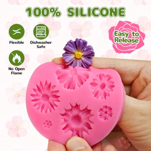 Flower Silicone Mold, 5 Pcs Rose Sunflower Daisy Fern Leaf Fondant Molds - color: Flower Silicone Mold, Pink