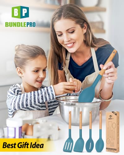 BUNDLEPRO Silicone Cooking Utensils Set, 4 Pcs Spatula and Spoon Set, Blue - color: Blue