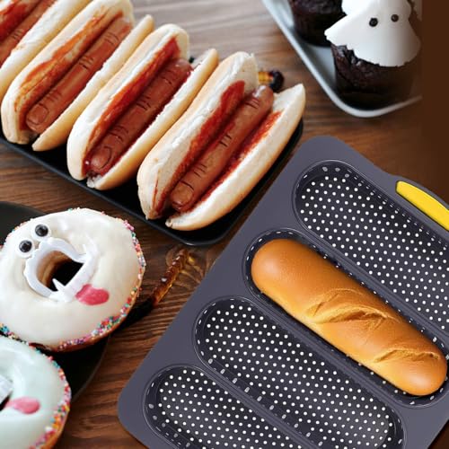 Hamburger Bun Pan and Baguette Pan With Spatula Brush, Silicone Hamburger Bun Pans for Baking, Nonstick French Bread Baking Pan for Baking Homemade Bread (Black)
