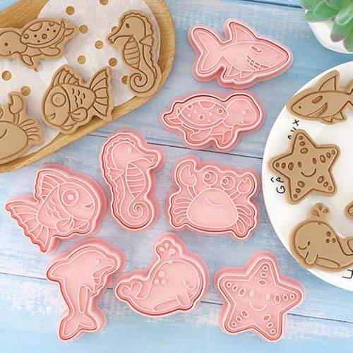 8 Mini Ocean Animal Cookie Cutters Set, 3D Raised Design Animal Embossing Stamps, Goldfish, Whale, Crab, Dolphin, Starfish, Shark, Turtle, Seahorse, Baking Molds - color: Ocean