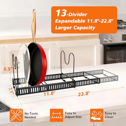 Expandable Pot Pan Lid Organizers inside Cabinet, 13 Dividers - color: Black