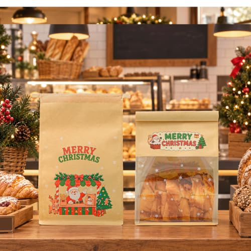 50 Pack Medium Christmas Bread Bags with Clear Window 10.3" x 6.3" x 5.1" - color: Christmas, size: Medium
