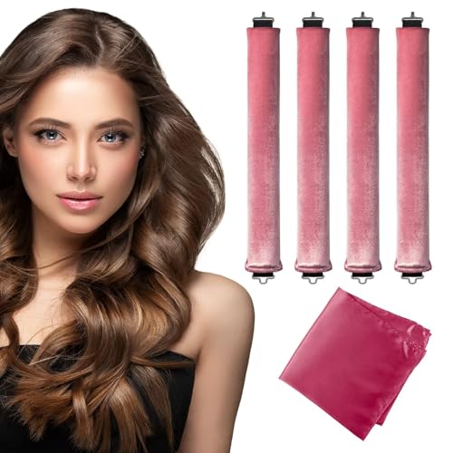Seritant Heatless Curls Overnight with Satin Head Scarf, Velvet Hair Rollers for Blowout Look, No Heat Curling Rod for Long Thick Hair, Soft Sleep In Flexi Rods - color: Rose