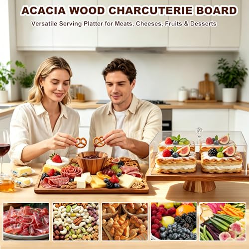 2-in-1 Acacia Wood Rectangular Cake Stand Lid Charcuterie Tray