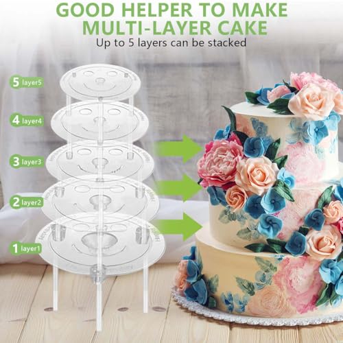 KISEER 5 Pieces Cake Separator Plates Stands with 24 Pieces Plastic Cake Dowels Rods and 15 Pieces Clear Cake Sticks Support Stacking for 4 6 8 10 12 Inch Tiered Cakes