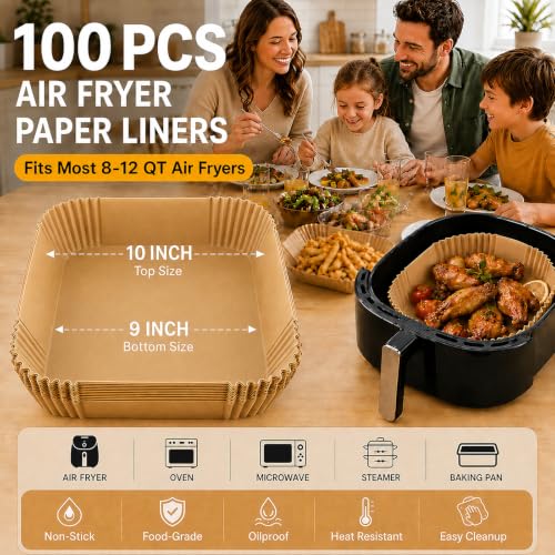 10 Inch Air Fryer Liners Disposable, 100 PCS Square Parchment Paper Liners - size: 10in