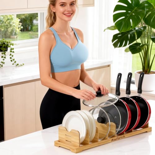 Pots and Pans Organizer Under Cabinet, Cutting Board/Baking Sheets Storage Rack, Adjustable Bamboo Pot Lid Holder, Pot Lid Organizer Inside Cabinet, Pot and Pan Organizers(Natural) - size: 60