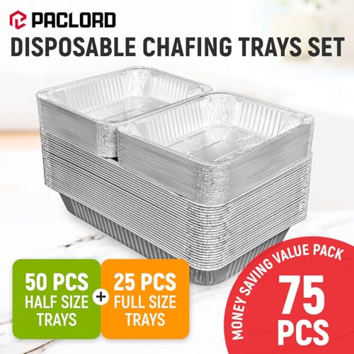 USA-Made Aluminum Foil Pans - Set of 25 Full Size 21" x 13" and 50 Half Size 9" x 13" Disposable Aluminum Trays for Chafing Racks - Great for Cooking, Heating, Food Storing - style: 75 Pans