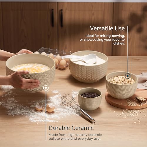 KooK Ceramic Nesting Bowls, Embossed, Oven Safe, Set of 4, Almond - color: Almond