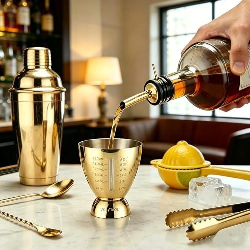 Homestia Cocktail Measuring Jigger with Pour Spout, Measuring Cup, Set of 2 - color: 6oz & 1oz Gold