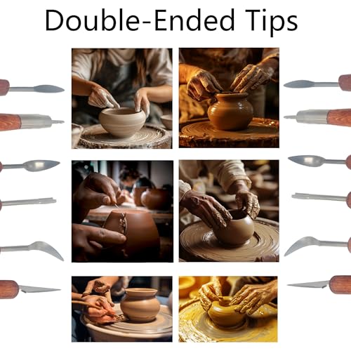 AUXBC 6Pcs Double-Sided Pottery & Clay Sculpting Tools Set, Smooth Wooden Handles Sculpting Polymer Tools for Embossing, Carving, Modeling with Polymer Clay, Fondant, Dough