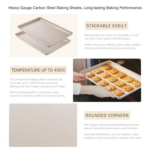 2 Pack Half Sheet Baking Pans,Commercial Quality Baking Sheet Pan Set,Carbon Steel Cooking Pans, Non Stick Baking Sheet for Oven,Large Thick Cookie Tray Pans for Baking（17.5" x 11.8" x 1"） - size: Gold (17.5X11.8) 2PCS
