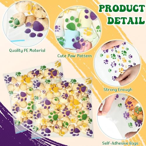 Pasimy 200 Pcs Dog Paw Treat Bags, Clear Self Adhesive Mardi Gras Color - color: Mardi Gras Color