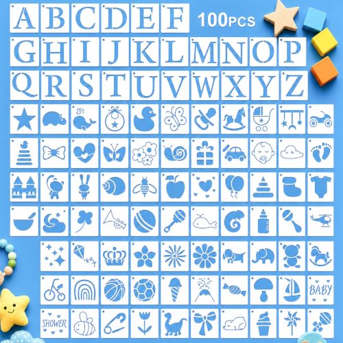 Stencils Set for Baby Shower Blocks,1.5" Small Letter & Icon Stencils - color: 100 Pcs Shower