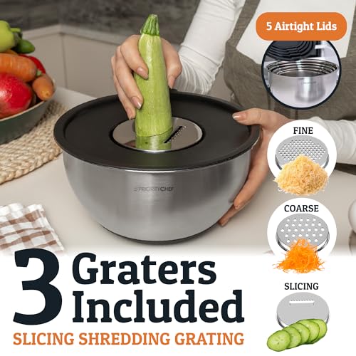 Priority Chef Stainless Steel Mixing Bowls with Lids Set, 3 Grater Attachments, Airtight Lids, Non-Slip Silicone Base Mixing Bowl Set, Large Prep Metal Mixing Bowls for Kitchen, Black - color: Black