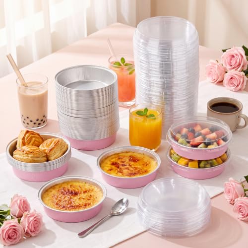 Yinder 120 Pcs 8 oz Disposable Creme Brulee Ramekins with Lids, 4 Inch Mini Pie Tins Aluminum Foil Pie Tart Cake Baking Pans Individual Round Containers Oven Safe (Light Pink) - color: Light Pink