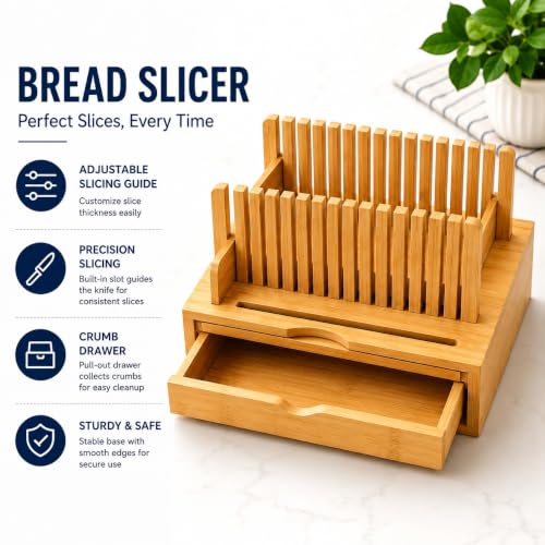 Bamboo Bread Slicer with Crumb Catcher Tray, Adjustable Slicing Guide and Knife Storage Drawer - Even Slice Loaf Cutter