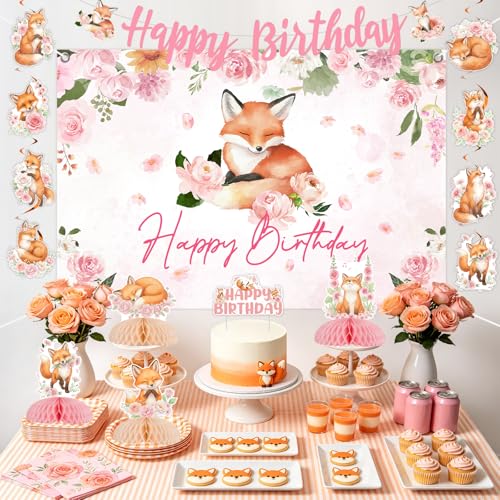 Pink Floral Fox Birthday Party Decorations Kit