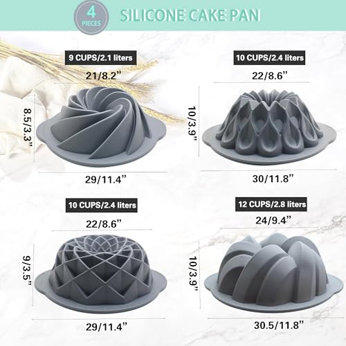 Tongjude 4 Pieces Silicone Fluted Cake Pans, 9/10/12 Cups Tube Baking Pan, Silicone Molds for Homemade Cake, Bread and Jello, Non-Stick, Grey - size: 4pcs fluted cake pans (9/10/12 Cups)