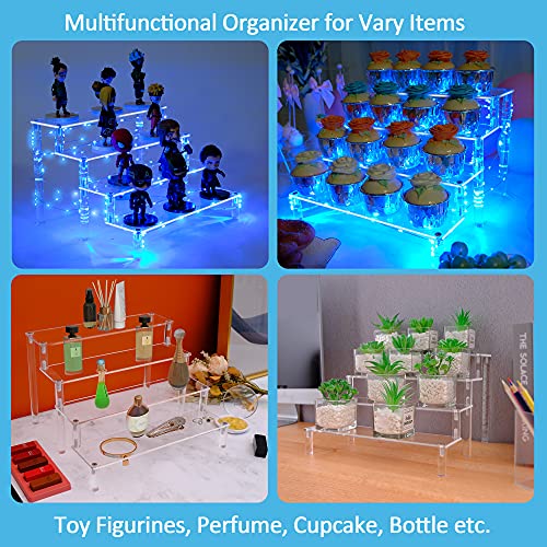 YestBuy Display Shelf Cake Stand – 4 Tier Shelf Cupcake Stand – Multifunctional and Durable Acrylic Stand – Mounting Hardware Included – Ideal for Desserts, Cosmetics, Glassware, Figurines - color: Clear（Blue Light）, size: 4 Tier - 2 Pack