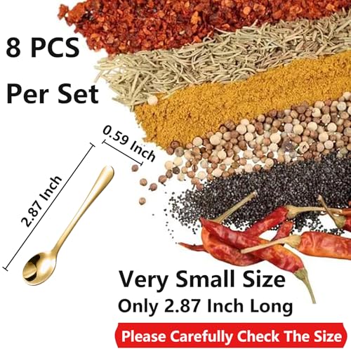 8 PCS Tiny Stainless Steel Spoons for Spices Jars, Mini Size 2.87", Cute Small Stainless Steel Condiment Spoons for Spices, Salt, Sugar, Pepper, Honey (8 PCS, 2.87", Gold) - size: 2.87Inch(7.3cm)-Gold