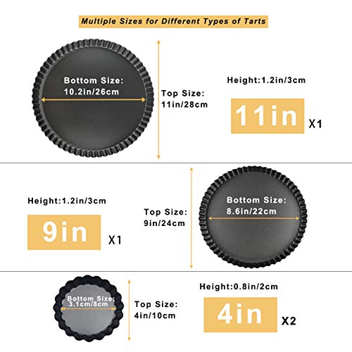 11 & 9 Inch Round Tart Pans with 2Pcs 4'' Mini Pans. Removable Bottom, Non-Stick Coating, Rugged Carbon Steel for Tart Quiche Pie Making. Gift for Christmas Thanksgiving Party Festival Family - size: (11+9+4) IN