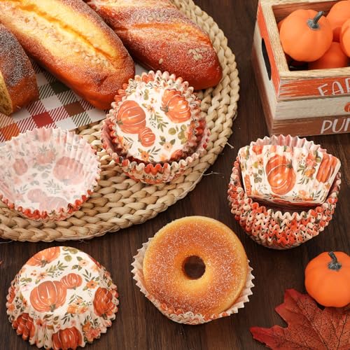 Whaline 300Pcs Fall Cupcake Liners Watercolor Pumpkin Flower Paper Baking Cups Autumn Floral Muffin Liner Cake Paper Cups Storage Container for Thanksgiving Party DIY Craft, 2x1.2 Inch - style: Pumpkin Flower
