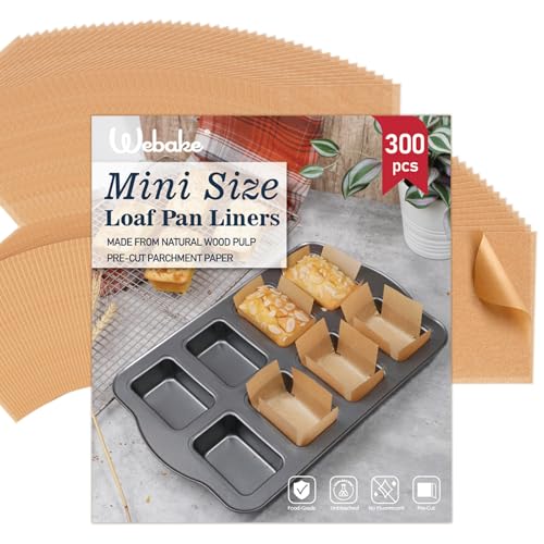 Webake 300pcs Unbleached Parchment Paper Mini Loaf Pan Liners Compatible with Wilton Mini Loaf Pan, Original Precut, Non Toxic Baking Paper for Banana Bread - color: Brown 3x2