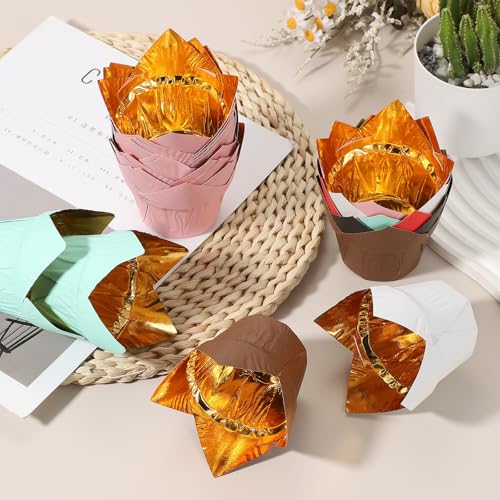 uxcell 50 Pcs Tulip Baking Cups Cupcake Muffins Liners Aluminum Foil Paper Greaseproof Wrappers for Weddings Birthday Party Festivals Christmas, Gold/Red - color: Gold/Red, size: 3.1