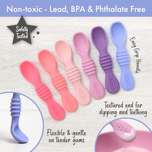 PrimaStella Silicone Chew Spoon Set for Babies and Toddlers | Safety Tested | BPA Free | Baby Spoon 6 Pack (Pink/Purple) - color: Pink/Purple