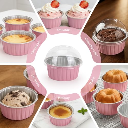 100-Pack 5 oz Pink Mini Cake Pans with Lids, Disposable Aluminum Foil Baking Cups, Muffin Tins, Ramekins for Cupcakes, Brownies, Flan, Pudding - Wedding, Birthday,Baby Shower, Princess Party - color: Pink