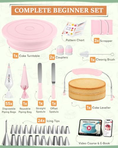RFAQK 90PCs Cake Decorating Kit with Video Course for Beginners & Pros - color: Light Pink