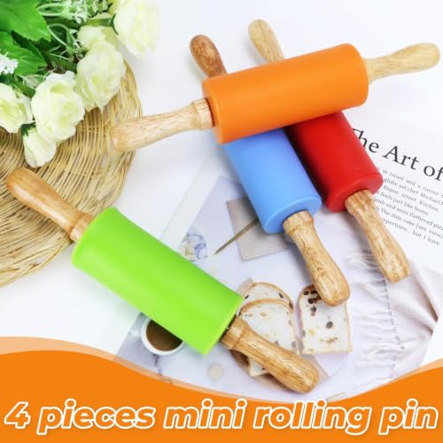 4 Pack Mini Rolling Pin for Kids 9 Inch, Non-Stick Wooden Handle - color: orange + red + blue + green