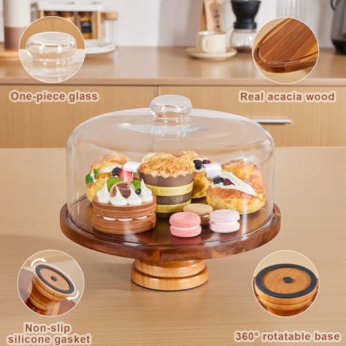 11in Acacia Wood Cake Stand with Lid, Cake Plate with Glass Dome