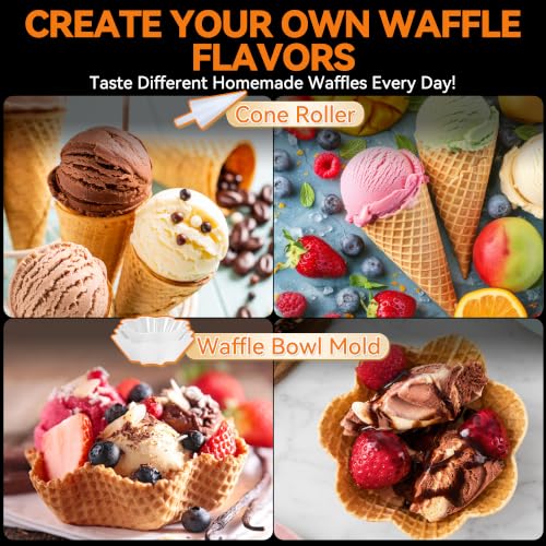 Baker's Friend Waffle Cone Maker Machine with Browning Control, 7.5” Ice Cream Cone Maker, Cone Roller & Bowl Press Included,Thin Waffle Maker Crispy, Nonstick Waffle Bowl Maker,Aqua
