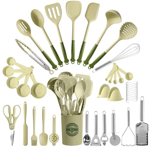 Kikcoin 43 PCS Silicone Kitchen Utensils Set, Cooking Utensils Set, Green - color: Avocado Green