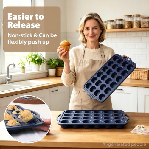 2 Pack Mini Silicone Muffin Pan with Frame, Non Stick Cupcake Baking - color: Gray, size: Mini: 24 Cup