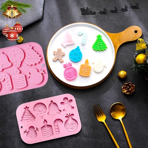 3PCS Christmas Silicone Cookie Molds, Xmas Chocolate Molds Holiday Gummy Candy Butter Mold Wax Melt Mold Christmas Tree Gingerbread Snowman Snowflakes Socks Bells Santa Hat Baking Mold (Xmas-Pink-B) - color: Xmas-Pink-B