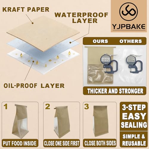 50 Pack Kraft Bakery Bags with Clear Window and Tin Tie - Greaseproof Cookie Bags and Treat Bags for Homemade Bread, Sourdough & Cookie Packaging