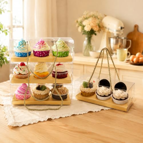 Coloch 24 Pack Gold Clear Cupcake Box with Handle, 9 x 3 x 3 In 3 Count Plastic Cupcake Container Baked Dessert Box, for Cupcake, Dessert, Muffins, Party, Wedding