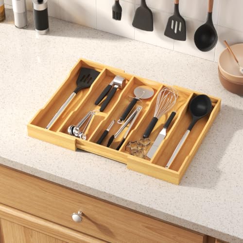 Lifewit Bamboo Kitchen Drawer Organizer, Cooking Utensil Silverware Tray - color: Natural, size: 5 Slot(12.6~22.8''W x 14'' D)
