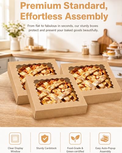 Bakepacker Auto-pop Up Pie Boxes With Window 12x12x3'', 20pcs Brown - color: Brown, size: 12x12x3, 20Pcs
