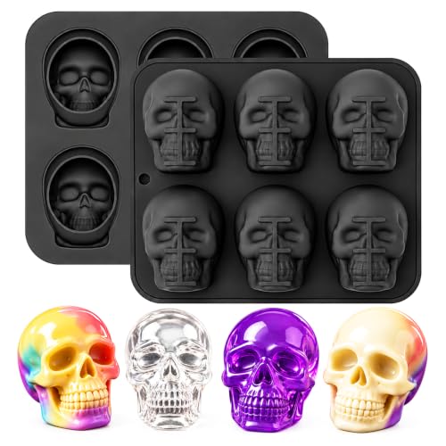 2Pcs Skull Silicone Mold, 6-Cavity 3D Large Skull Cake Pan Molds Halloween Silicone Molds for Baking Chocolate, Candy, Cake Decoration, Resin Casting
