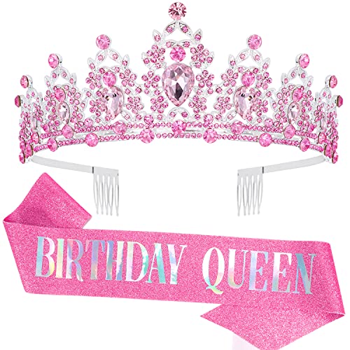 "BIRTHDAY QUEEN" Sash and Tiara for Women Crystal Tiara and Satin Kit for Girl Rhinestones Crown with Comb Glitter Hair Accessories for Prom Party Decoration Cake Topper Accessory Set with Pin - color: Pink Tiara+pink Sash